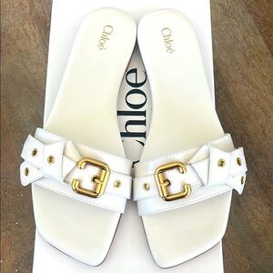 Chloe Mae White Slide Sandals with Gold Buckle